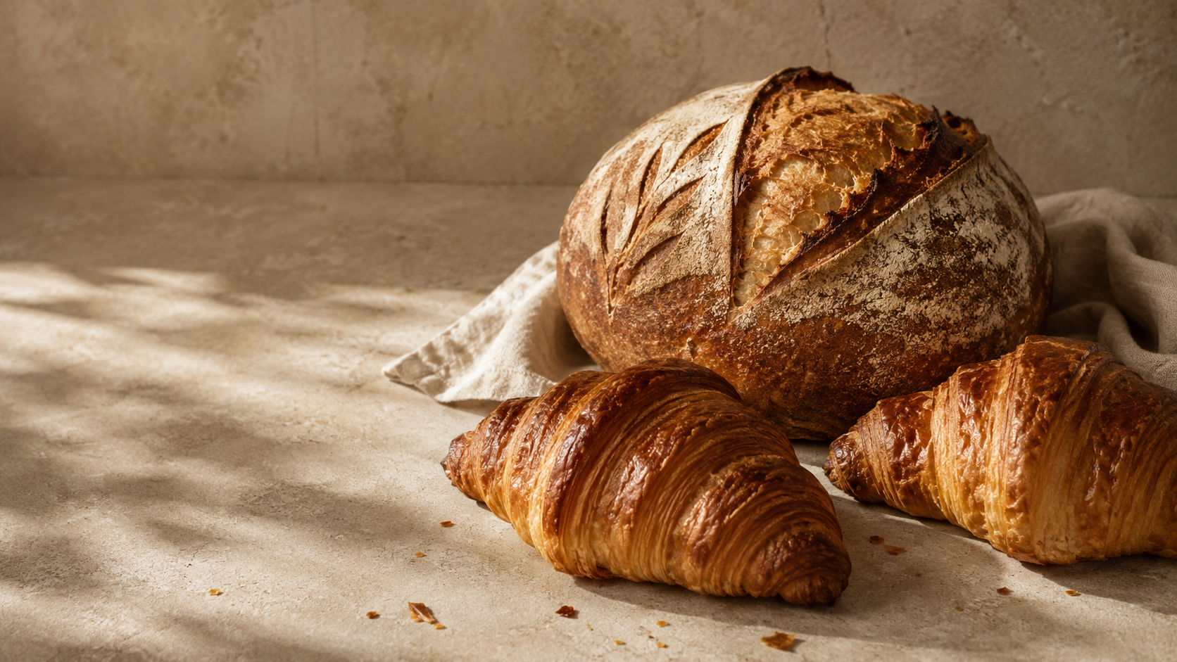Artisan sourdough and butter croissants in morning light